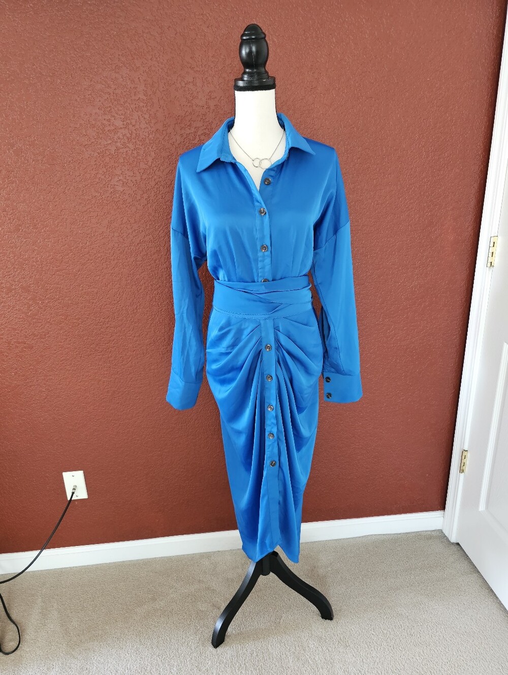 Asymmetrical Blue Satin Button-Front Dress with Waist Tie - Picture 8 of 13